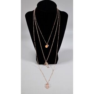 1946 Brand Gold Tne 3 Strand Layered Necklace Flower & Rhinestone Key,  Owl
